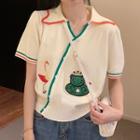 Short-sleeve Cartoon Embroidered Knit Top Off-white - One Size