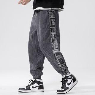 Print Panel Corduroy Wide Leg Jogger Pants
