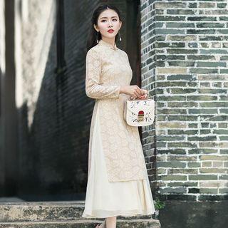 Cheongsam Style Chiffon Panel Lace Dress
