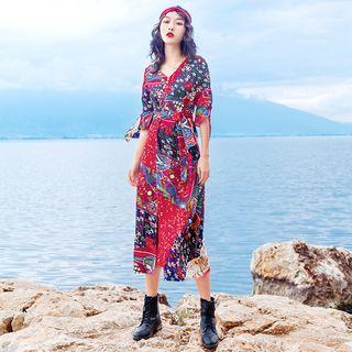 Elbow-sleeve Printed Midi Sundress