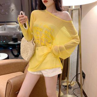 Long-sleeve Letter Print Sheer T-shirt