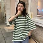 3/4-sleeve Embroidered Cartoon Striped T-shirt