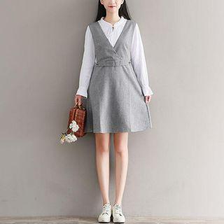 Set: Tie-neck Blouse + Pinstriped A-line Pinafore Dress