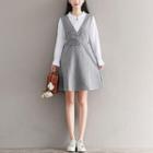 Set: Tie-neck Blouse + Pinstriped A-line Pinafore Dress