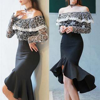 Set: Off Shoulder Long-sleeve Top + Mermaid Pencil Skirt