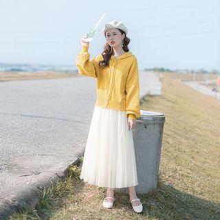 Set: Hooded Cardigan + Maxi Mesh Pleated Skirt
