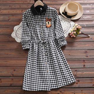 Dog Applique Long-sleeve Plaid A-line Dress