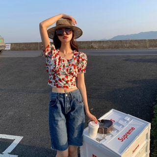 Short-sleeve Fruit Print Frill Trim Crop Top