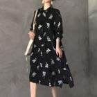 Floral Long-sleeve A-line Midi Dress Black - One Size