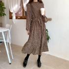 Crinkled Fleece-lined Long Floral Dress Brown - One Size