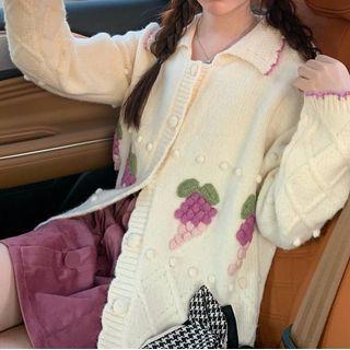 Long-sleeve Embroidered Knit Cardigan / Plain Spaghetti-strap Dress