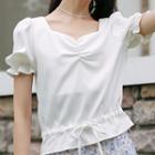Drawstring Waist Shirred Front Cropped Chiffon Top Milky White - One Size