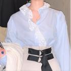Long-sleeve Lace Trim Shirt / Midi A-line Skirt
