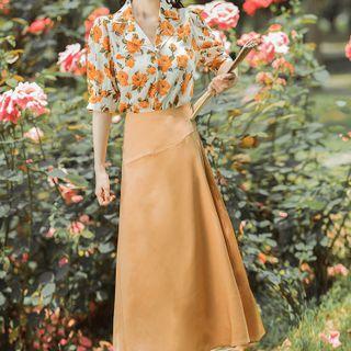 Set: Short-sleeve Floral Shirt + Midi A-line Skirt
