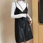 Long-sleeve Mock-neck T-shirt / Spaghetti-strap Faux Leather Dress