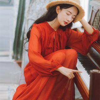 Balloon-sleeve Tie-neck Ruffle Chiffon Dress