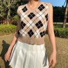 Argyle Pattern Knit Vest Brown - One Size