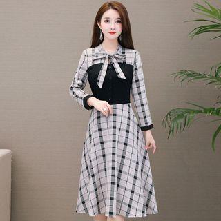 Long-sleeve Plaid Paneled A-line Dress