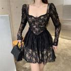 Long-sleeve Square Neck Plain Slim Fit Lace A-line Dress