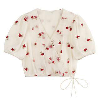 Short-sleeve Print Wrap Crop Top