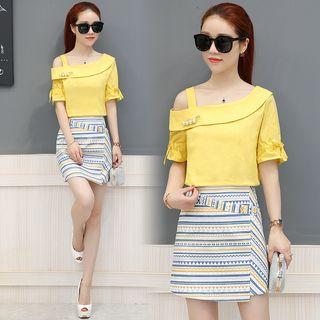 Set: One Shoulder Elbow Sleeve Top + Striped A-line Skirt