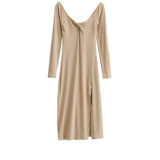 Long-sleeve Twist-front Midi A-line Dress