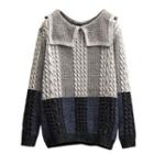 Collared Two-tone Cable Knit Sweater