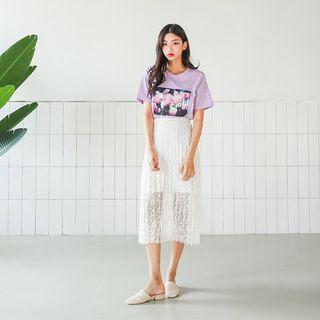 Accordion-pleat Lace-overlay Long Skirt