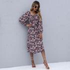 Long Sleeve Square Neck Flower Print Maxi A-line Dress