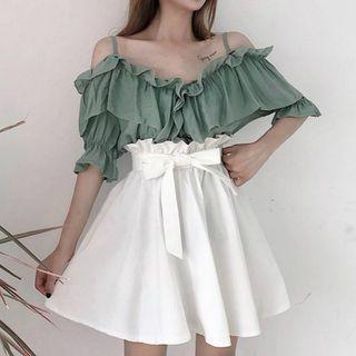 Set: Elbow-sleeve Ruffle Blouse + Mini A-line Skirt