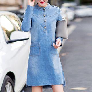 Stand-collar Long-sleeve Denim Dress