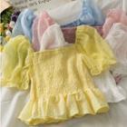 Boatneck Mesh-sleeve Smocked Crop Top In 7 Colors