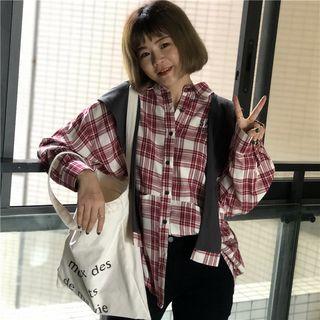 Letter Embroidered Plaid Shirt With Hooded Shawl
