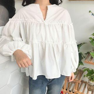 Puff-sleeve Plain Shirt White - One Size