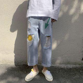 Smiley Face Print Distressed Straight-cut Jeans