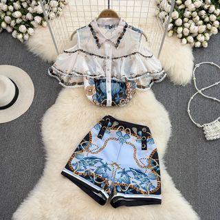 Set: Cold Shoulder Print Shirt + Wide Leg Shorts