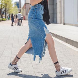Distressed Slit-detail Denim Skirt