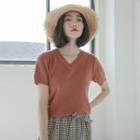 Short-sleeve V-neck Knit Top Tangerine - One Size