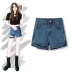 High-waist Washed Denim Split Shorts