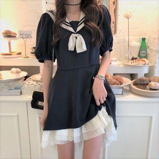 Short-sleeve Sailor Collar Mini A-line Dress Dark Blue - One Size
