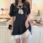 Short-sleeve Sailor Collar Mini A-line Dress Dark Blue - One Size