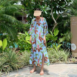 V-neck Slit-side Pattern Long Dress