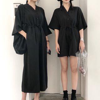 Elbow-sleeve V-neck Wide Leg Playsuit / Cropped Jumpsuit