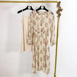 Set: Balloon-sleeve Floral Print Midi A-line Dress + Slipdress