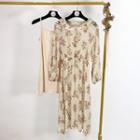 Set: Balloon-sleeve Floral Print Midi A-line Dress + Slipdress