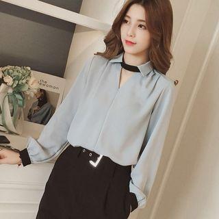 Contrast-trim Long-sleeve Chiffon Blouse