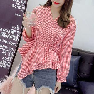 Gingham V-neck Blouse With Sash