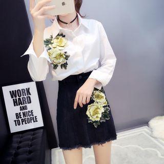 Set: Flower Embroidered Shirt + A-line Denim Skirt