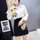 Set: Flower Embroidered Shirt + A-line Denim Skirt