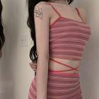 Set: Striped Cropped Camisole Top + Midi Pencil Skirt Set Of 2 - Camisole Top & Skirt - Pink - One Size